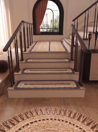Hand Braided Jute Stair Treads, Navy Border Coastal Farmhouse Runner Mat