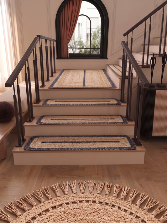 Hand Braided Jute Stair Treads, Navy Border Coastal Farmhouse Runner Mat