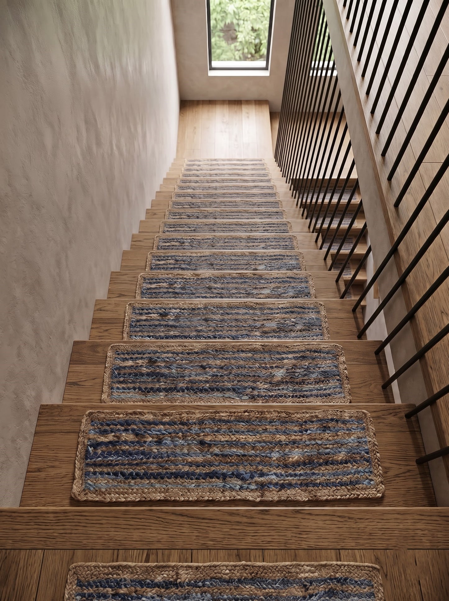 Braided Denim Jute Stair Treads, Boho Farmhouse Non-Slip Mats