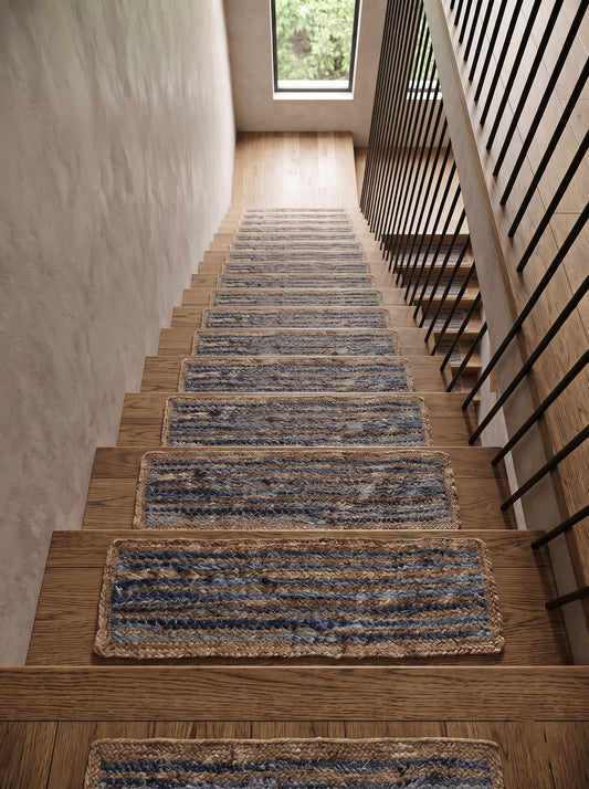 Braided Denim Jute Stair Treads, Boho Farmhouse Non-Slip Mats