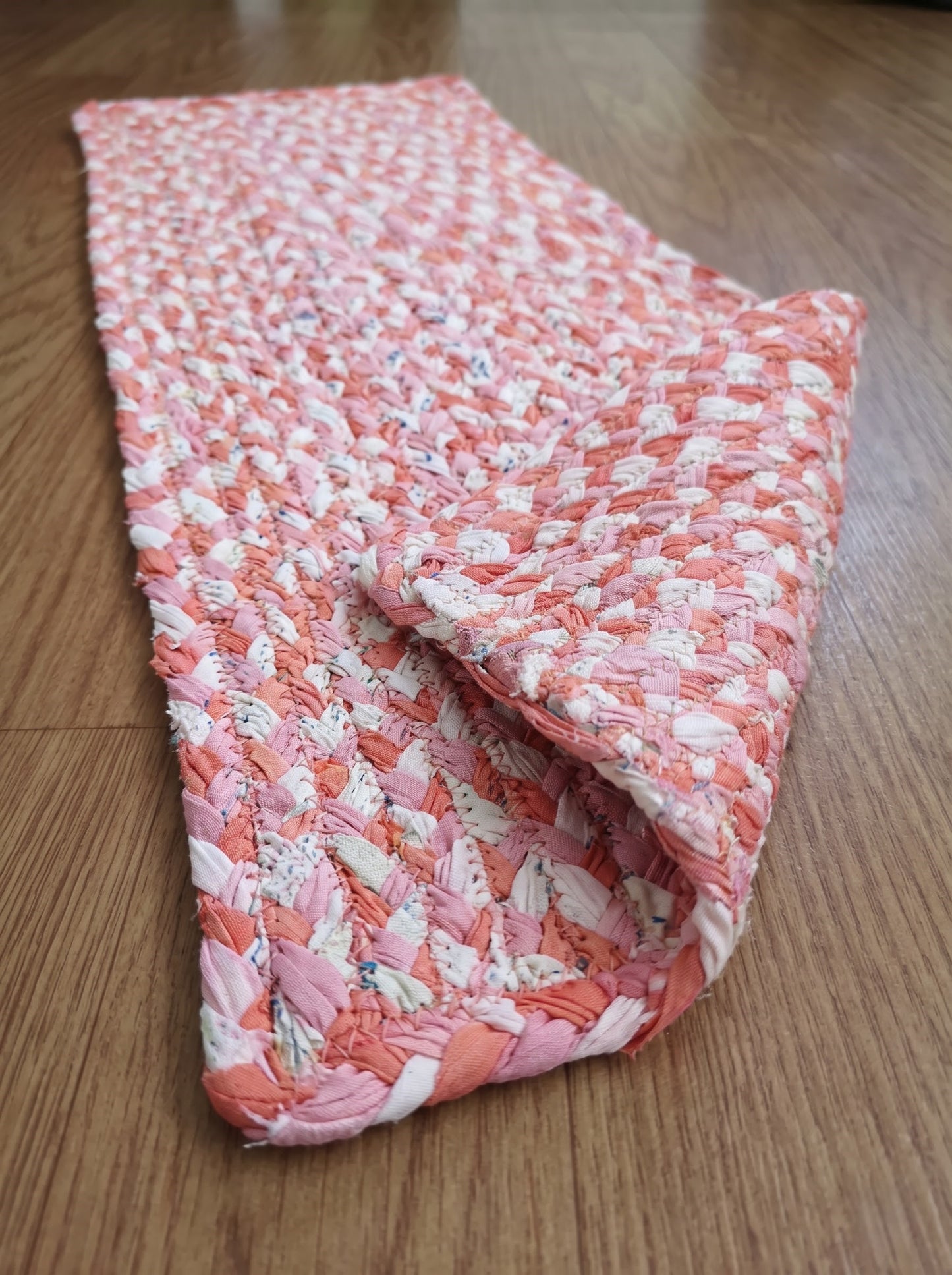 Hand Braided Chindi Stair Treads, Pink & White Cotton Boho Jute Rug