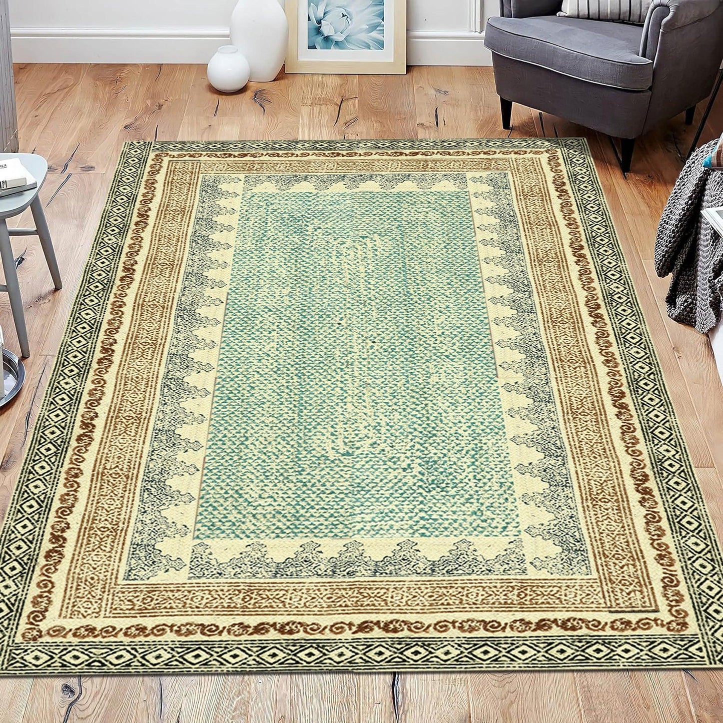 Eco Friendly Hand Block Printed Geometric Green Farm House Jute Rugs