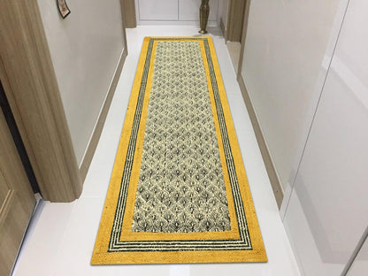 Traditional Hand Block Printed Yellow Black Geometric Outdoor Jute Rugs