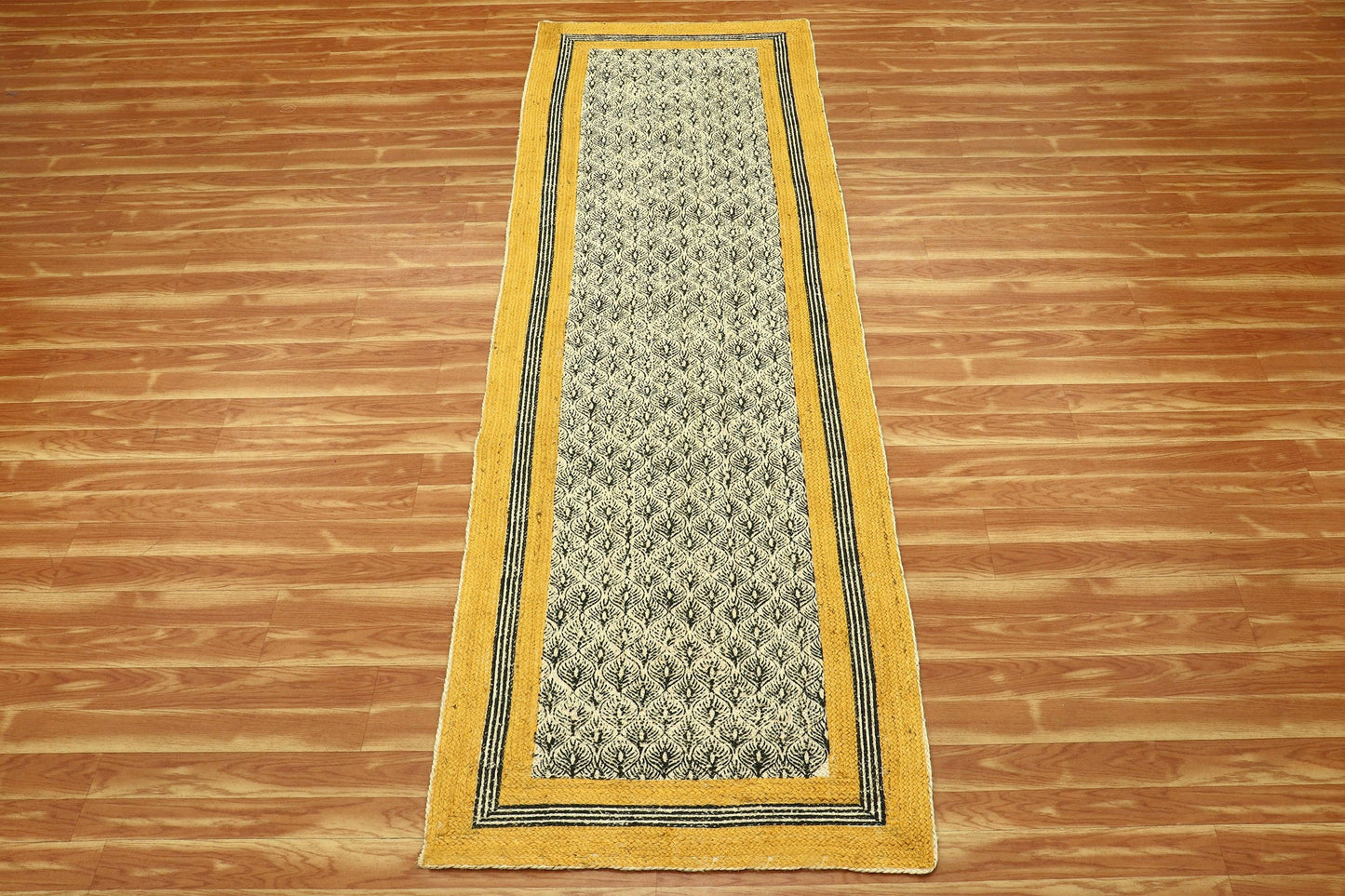 Traditional Hand Block Printed Yellow Black Geometric Outdoor Jute Rugs