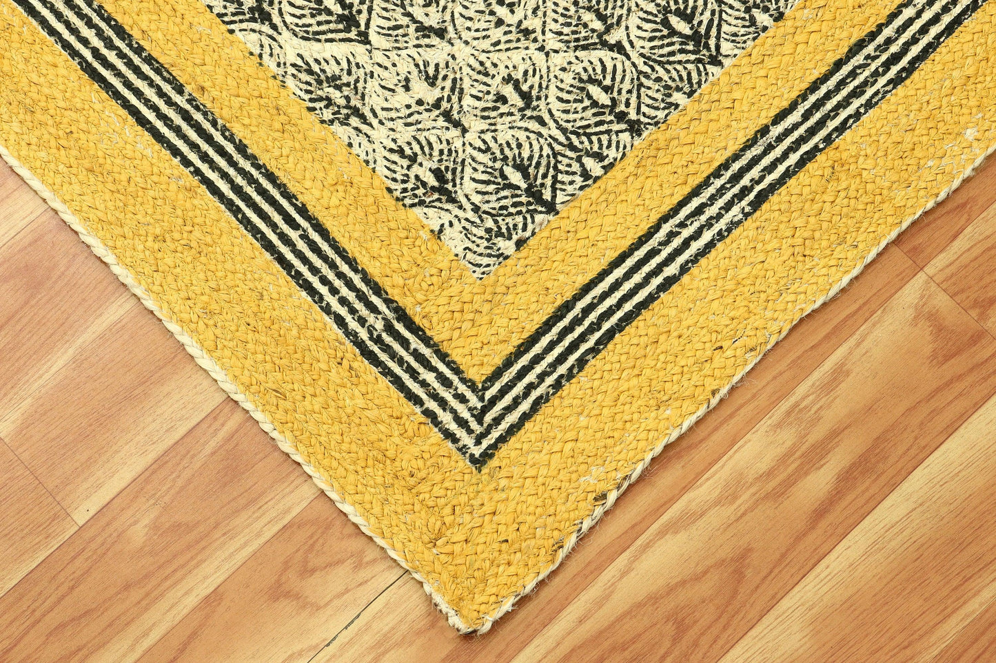 Traditional Hand Block Printed Yellow Black Geometric Outdoor Jute Rugs