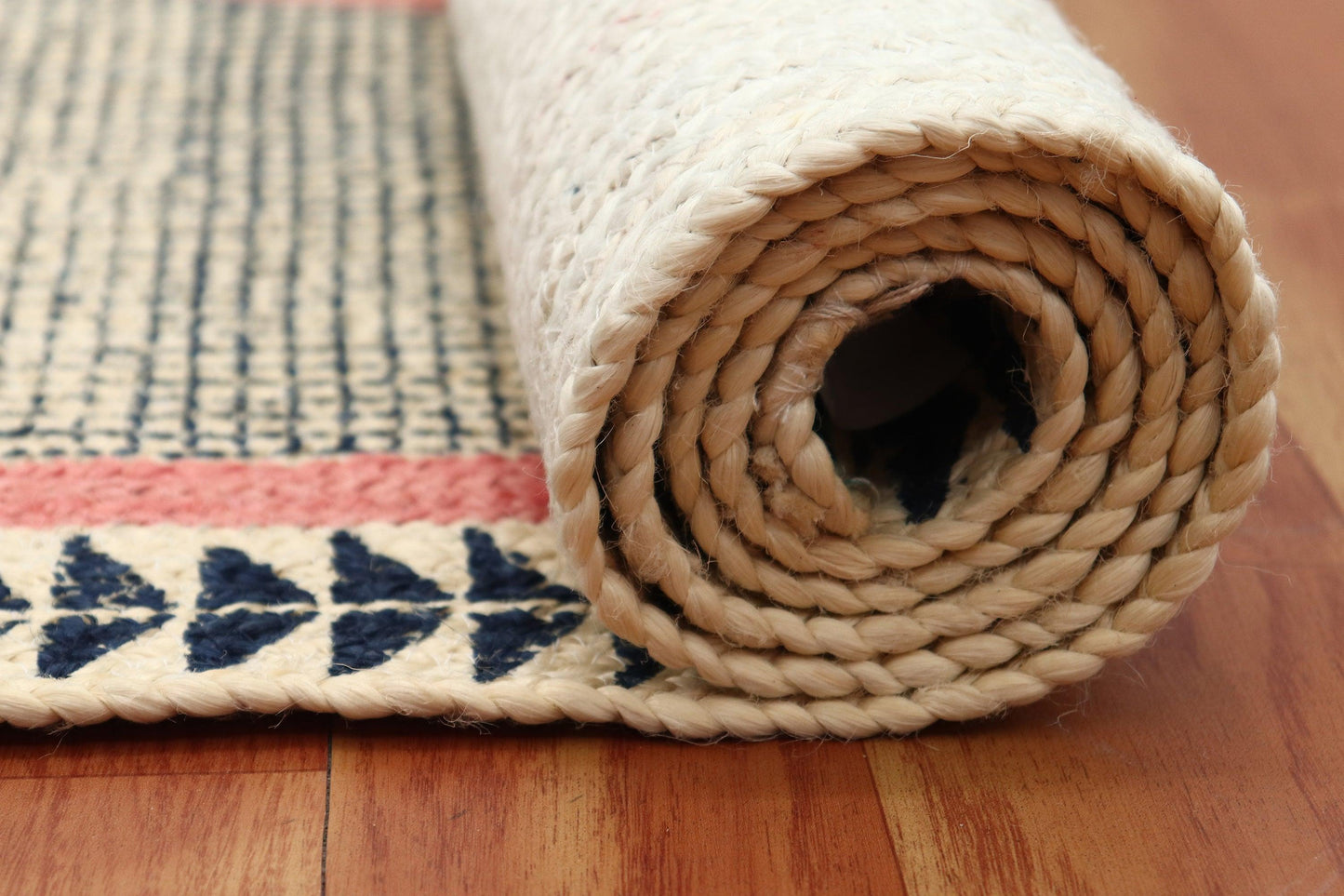 Attractive Hand Block Printed Blue Geometric Sea House Jute Rugs