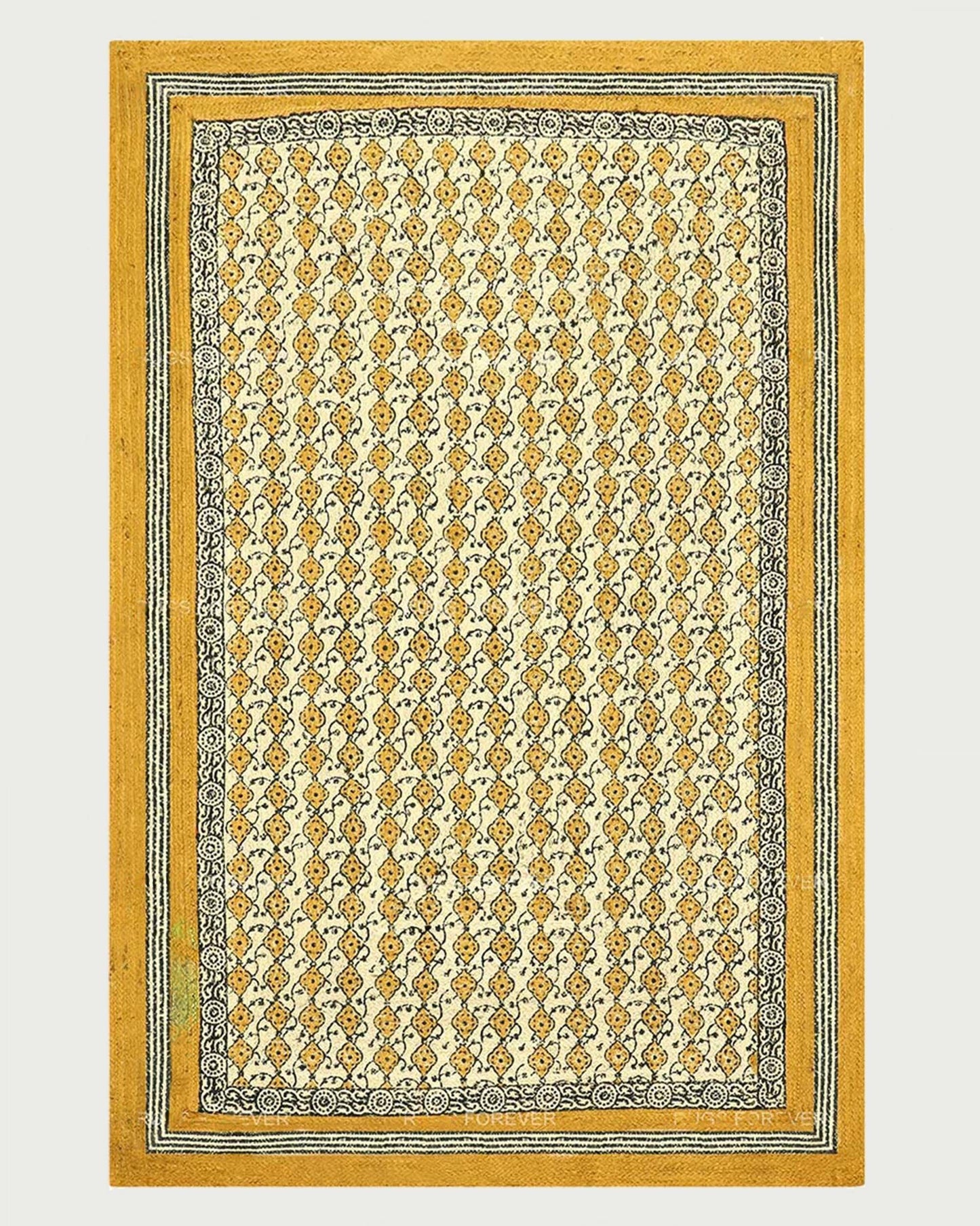 Yellow Black Hand Block Printed Beautiful Geometric Entrance Jute Rugs