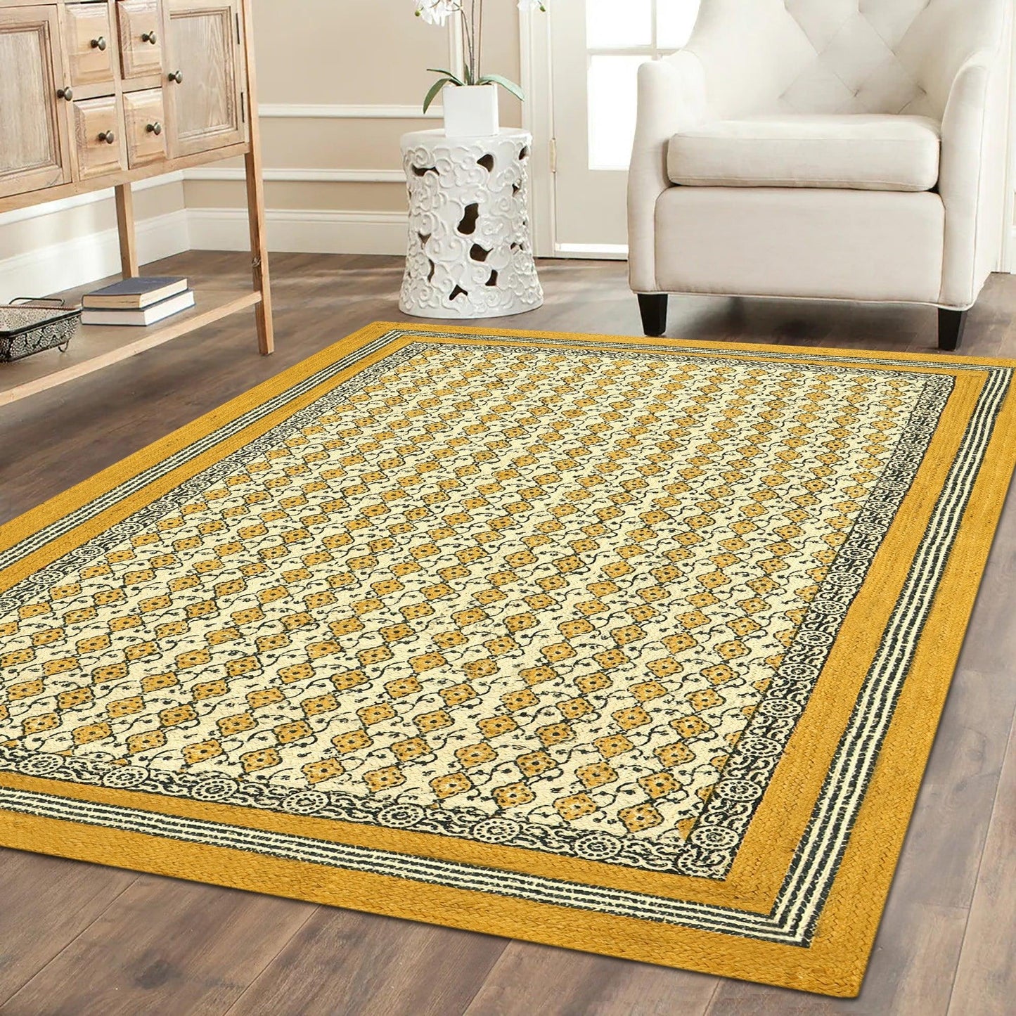 Yellow Black Hand Block Printed Beautiful Geometric Entrance Jute Rugs