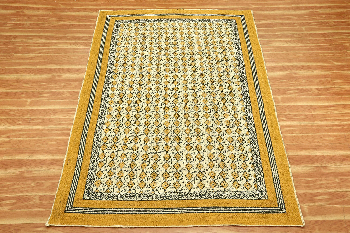 Yellow Black Hand Block Printed Beautiful Geometric Entrance Jute Rugs