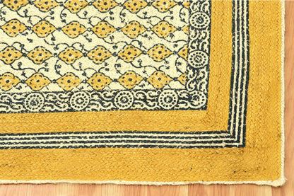 Yellow Black Hand Block Printed Beautiful Geometric Entrance Jute Rugs