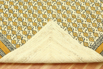 Yellow Black Hand Block Printed Beautiful Geometric Entrance Jute Rugs