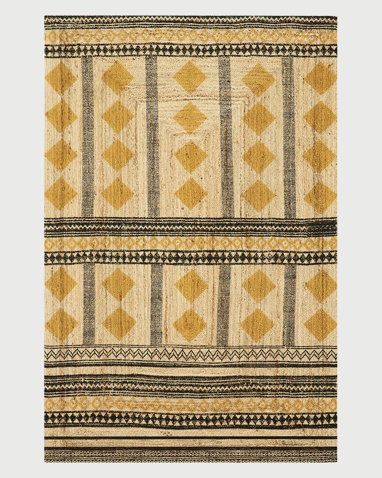 Hand Block Printed Natural Fiber Geometric Yellow Black Entry Way Jute Rugs