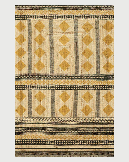 Hand Block Printed Natural Fiber Geometric Yellow Black Entry Way Jute Rugs