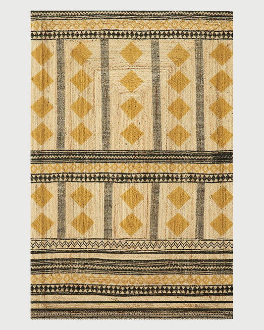 Hand Block Printed Natural Fiber Geometric Yellow Black Entry Way Jute Rugs