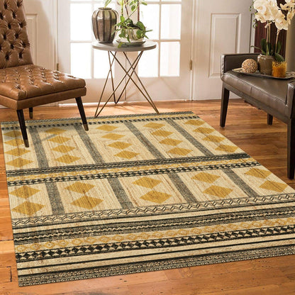 Hand Block Printed Natural Fiber Geometric Yellow Black Entry Way Jute Rugs