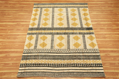 Hand Block Printed Natural Fiber Geometric Yellow Black Entry Way Jute Rugs