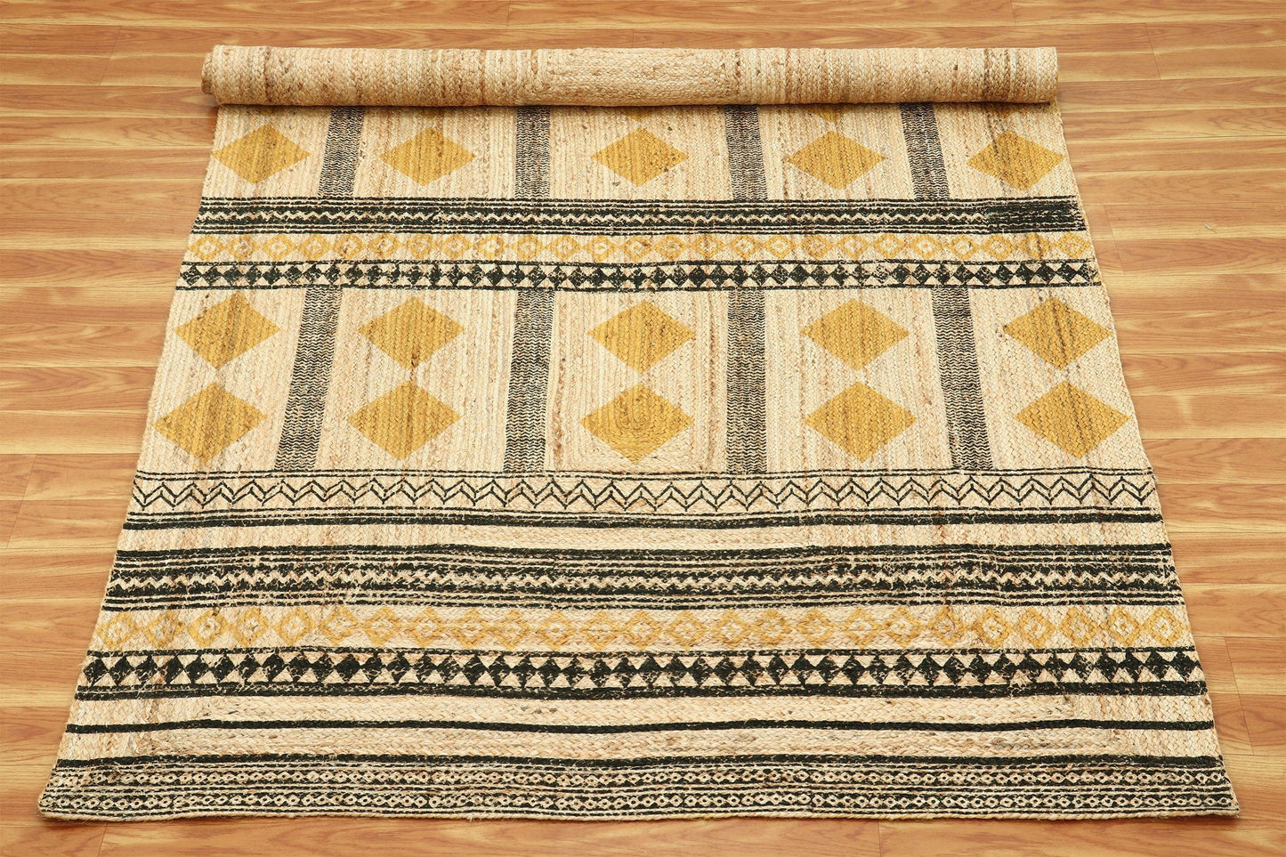 Hand Block Printed Natural Fiber Geometric Yellow Black Entry Way Jute Rugs