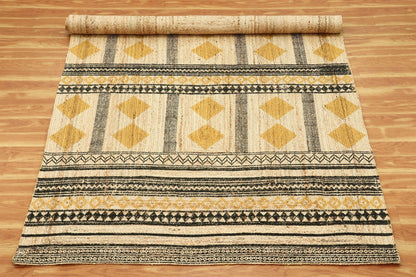 Hand Block Printed Natural Fiber Geometric Yellow Black Entry Way Jute Rugs