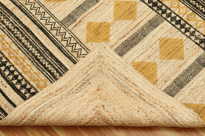 Hand Block Printed Natural Fiber Geometric Yellow Black Entry Way Jute Rugs