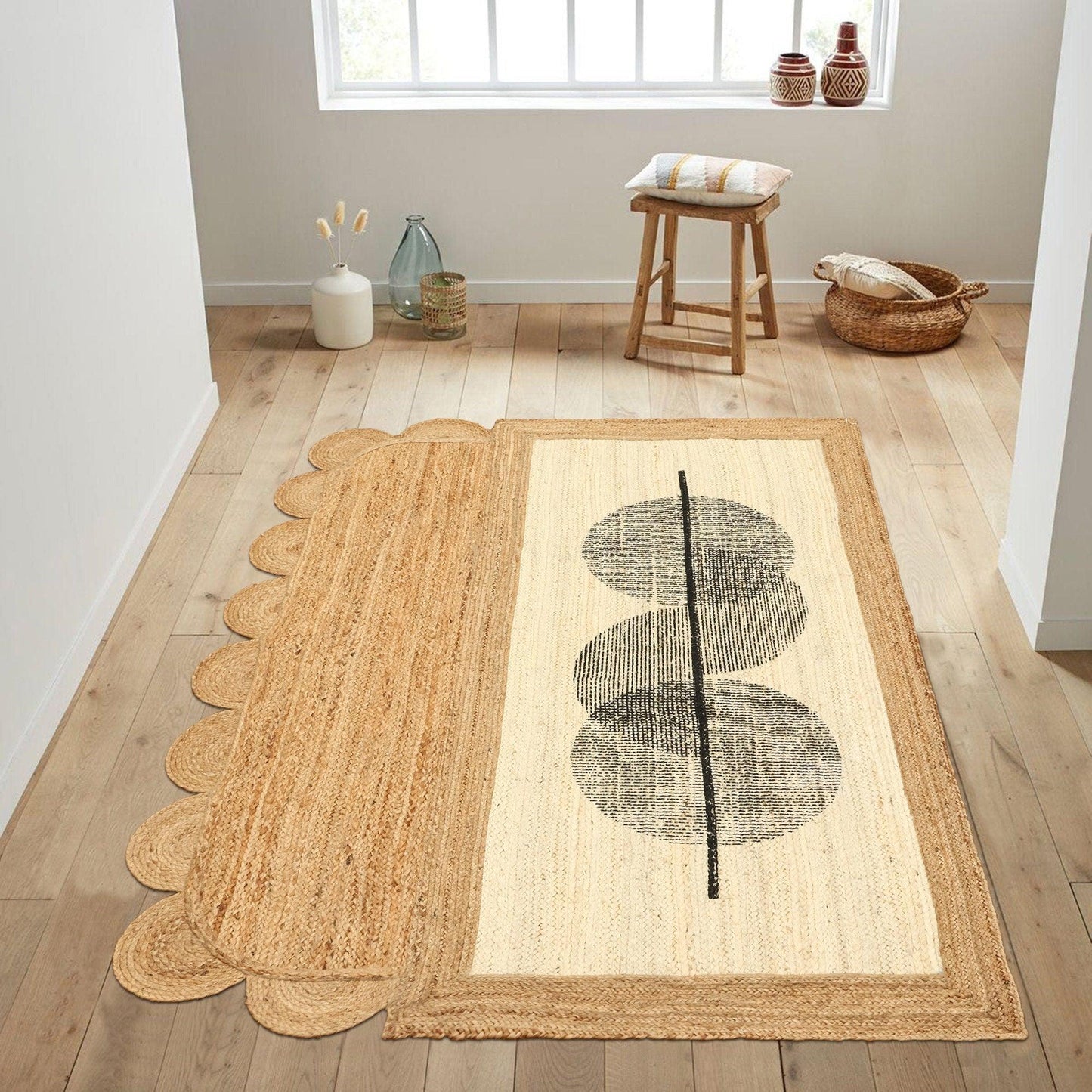 Alfombras de yute decorativas para el hogar en tonos beige y negro con estampado geométrico a mano