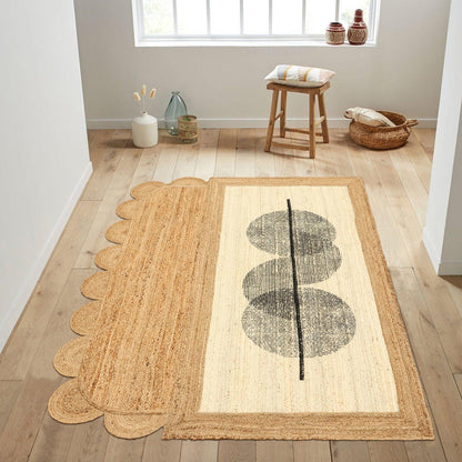 Alfombras de yute decorativas para el hogar en tonos beige y negro con estampado geométrico a mano