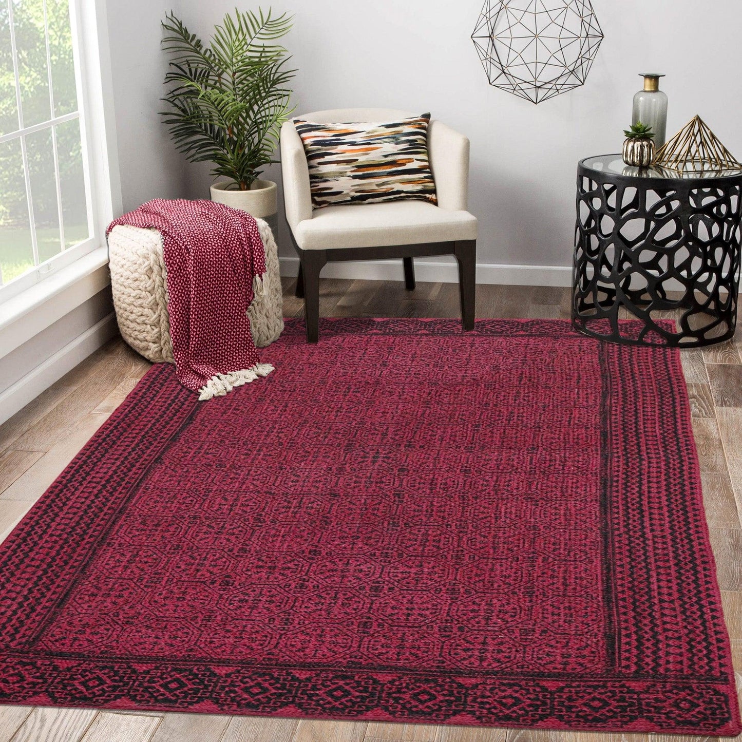 Red Brown Hand Block Printed Geometric Trendy Home Decor Jute Rugs