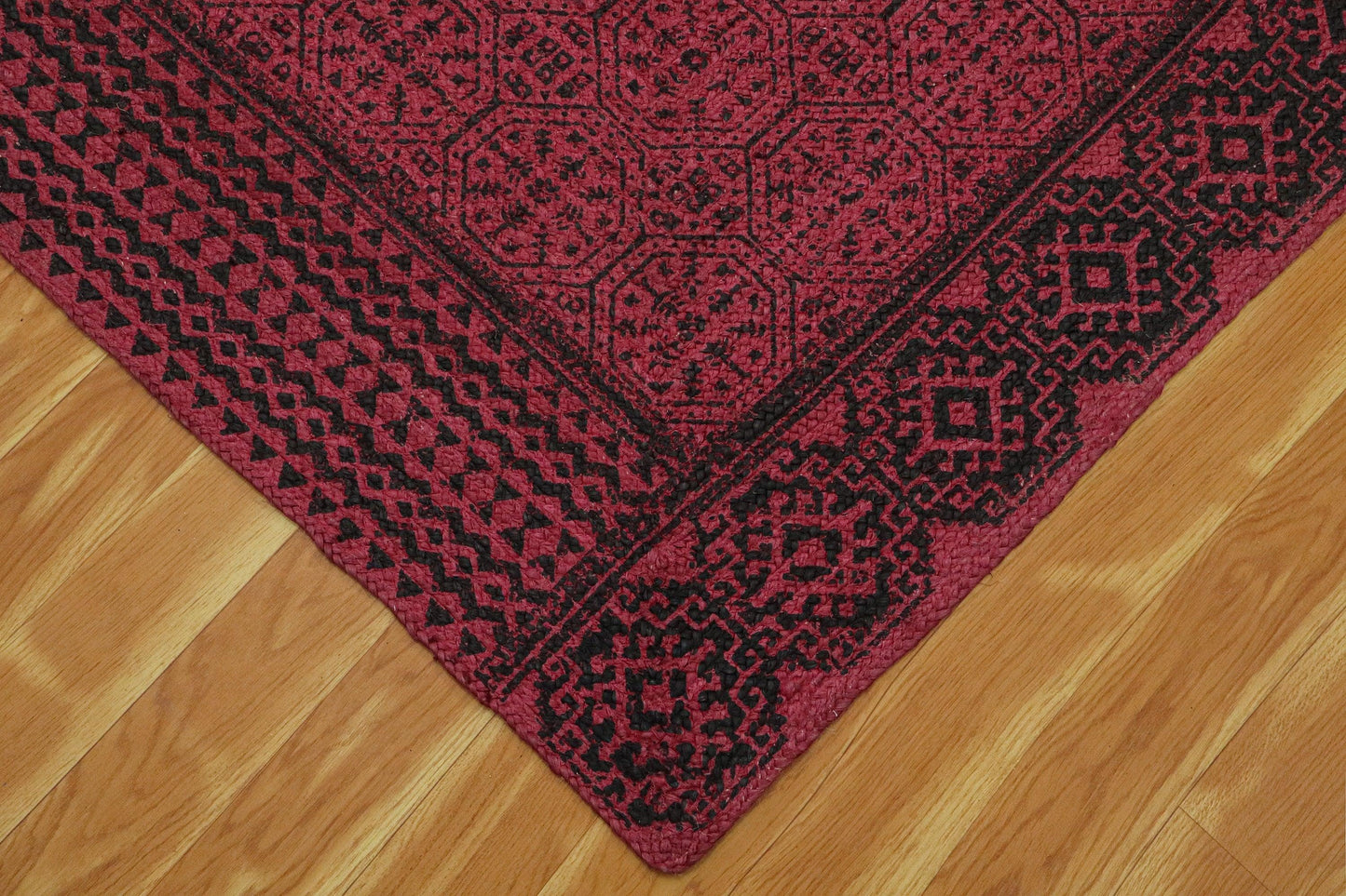 Red Brown Hand Block Printed Geometric Trendy Home Decor Jute Rugs