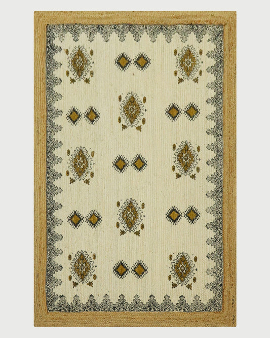 Oriental Hand Block Printed Geometric Beige Brown Entrance Jute Rugs