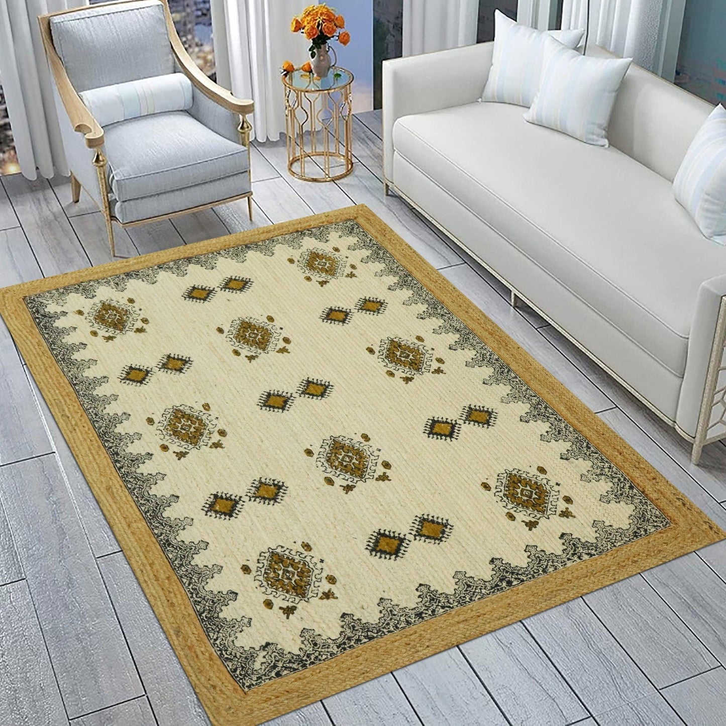 Oriental Hand Block Printed Geometric Beige Brown Entrance Jute Rugs