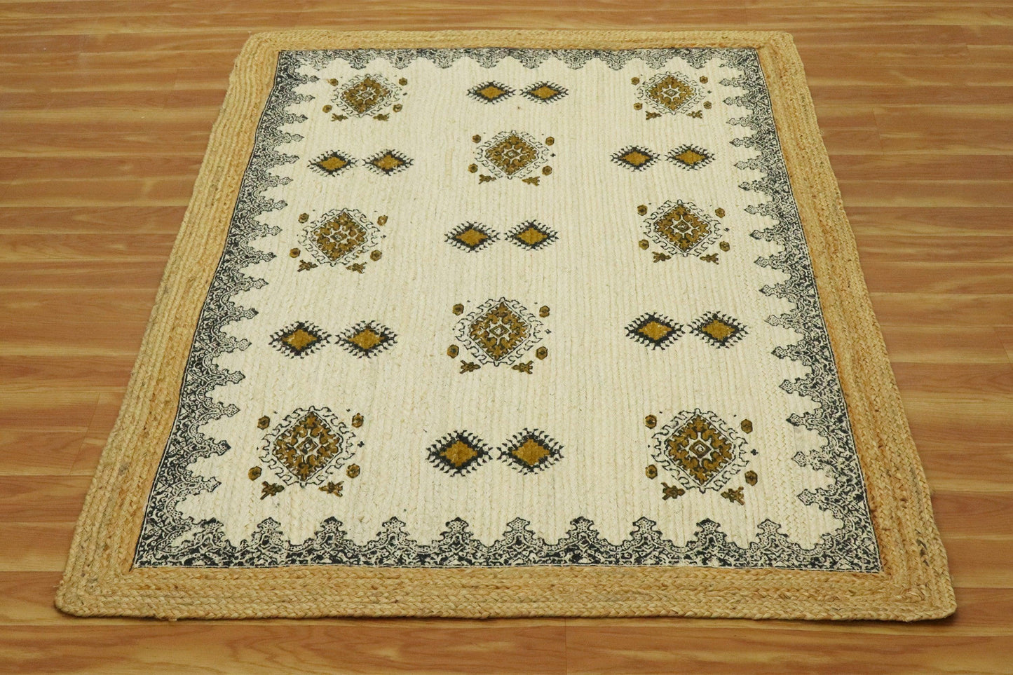 Oriental Hand Block Printed Geometric Beige Brown Entrance Jute Rugs