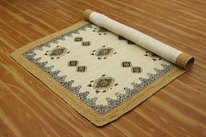 Oriental Hand Block Printed Geometric Beige Brown Entrance Jute Rugs