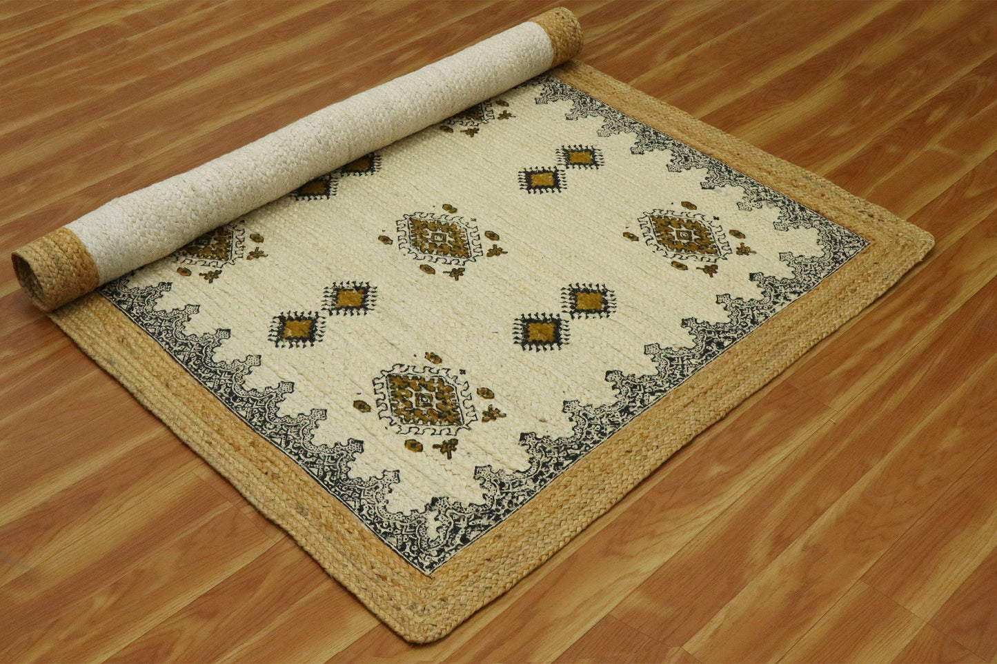 Oriental Hand Block Printed Geometric Beige Brown Entrance Jute Rugs