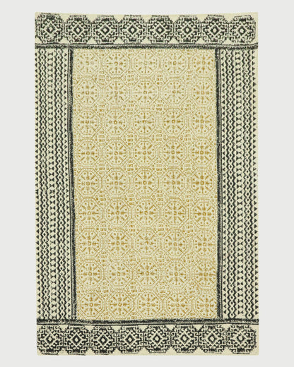 Indian Hand Block Printed Geometric Yellow Black Entry Way Jute Rugs