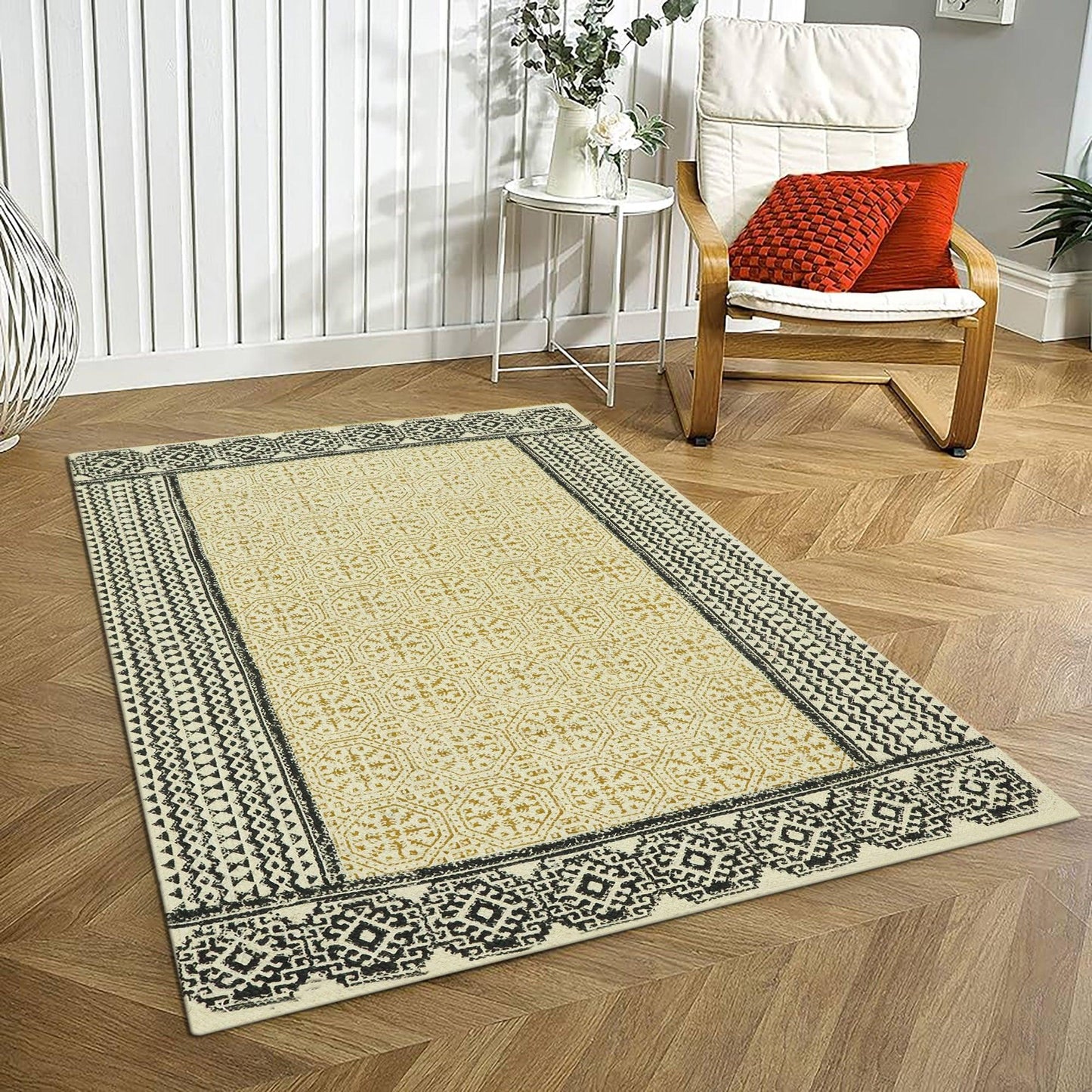 Indian Hand Block Printed Geometric Yellow Black Entry Way Jute Rugs