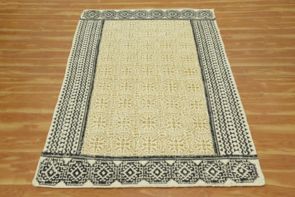 Indian Hand Block Printed Geometric Yellow Black Entry Way Jute Rugs