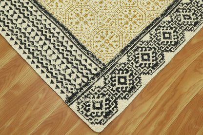 Indian Hand Block Printed Geometric Yellow Black Entry Way Jute Rugs