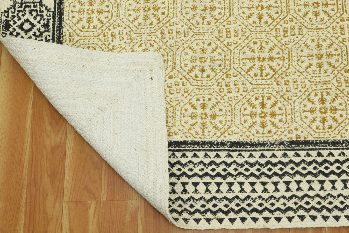 Indian Hand Block Printed Geometric Yellow Black Entry Way Jute Rugs