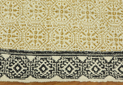 Indian Hand Block Printed Geometric Yellow Black Entry Way Jute Rugs