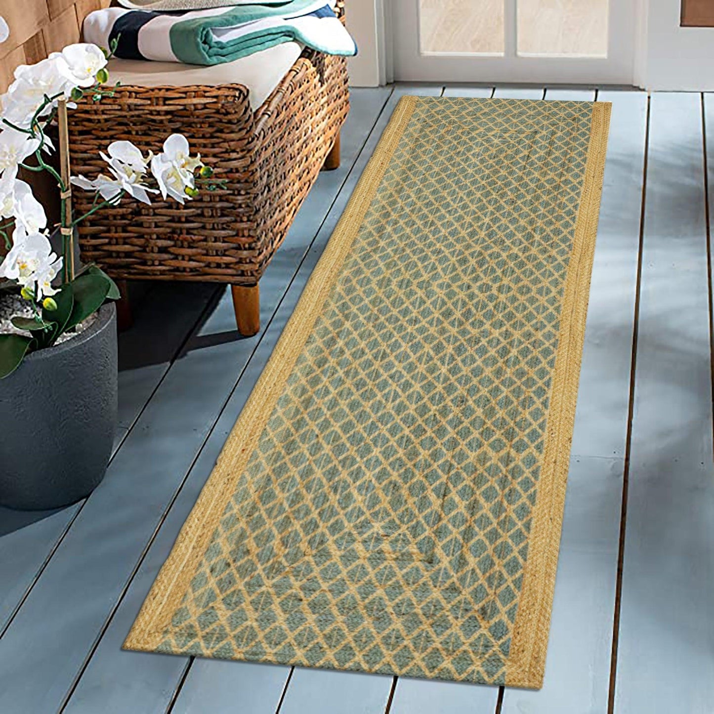 Blue Beige Hand Block Printed Geometric Outdoor Jute Rugs