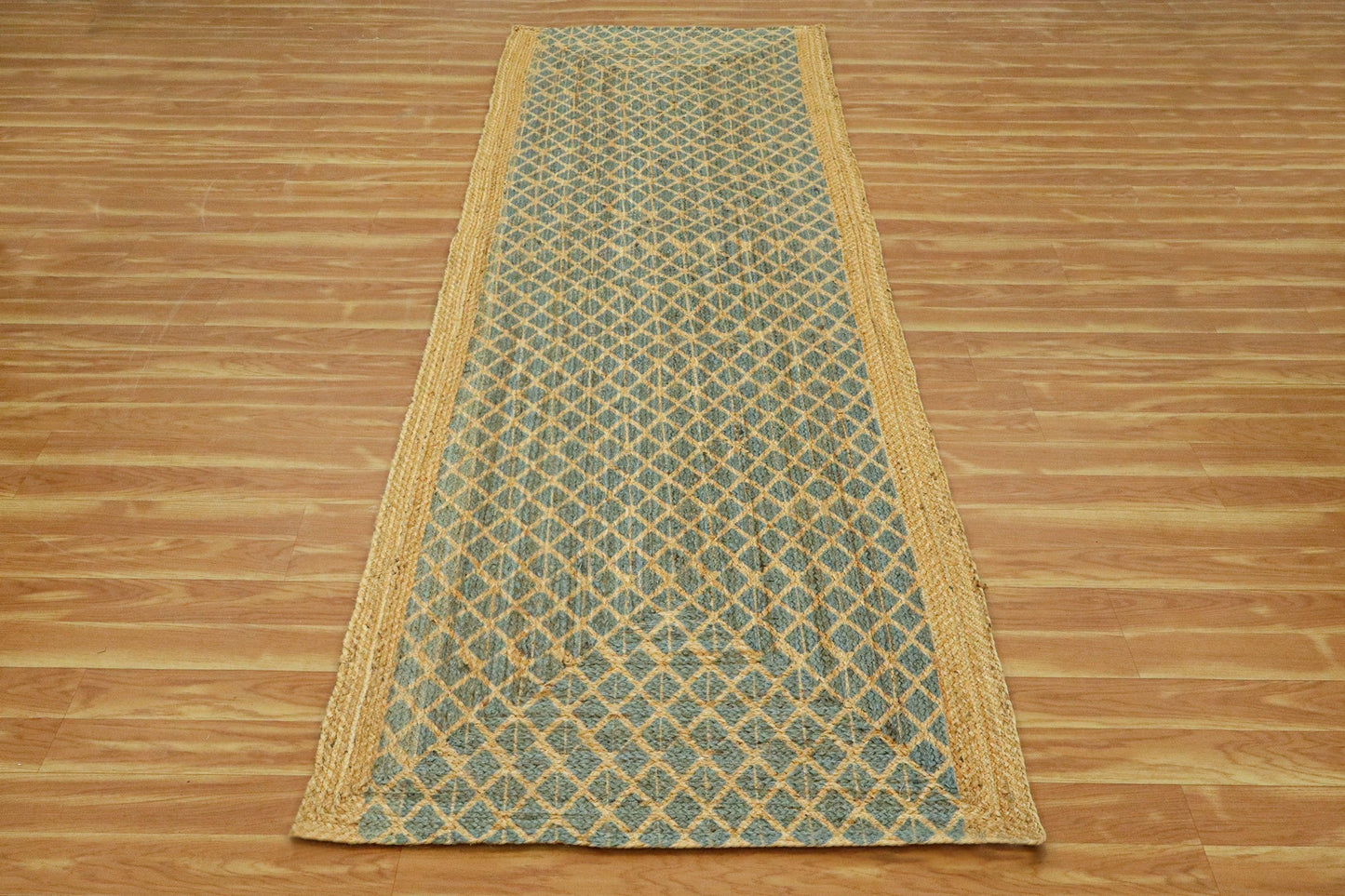 Blue Beige Hand Block Printed Geometric Outdoor Jute Rugs