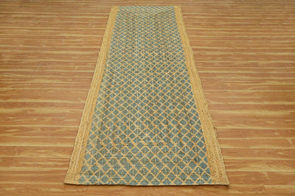 Blue Beige Hand Block Printed Geometric Outdoor Jute Rugs