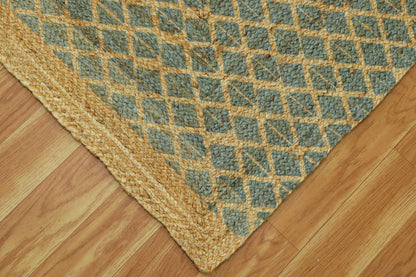 Blue Beige Hand Block Printed Geometric Outdoor Jute Rugs