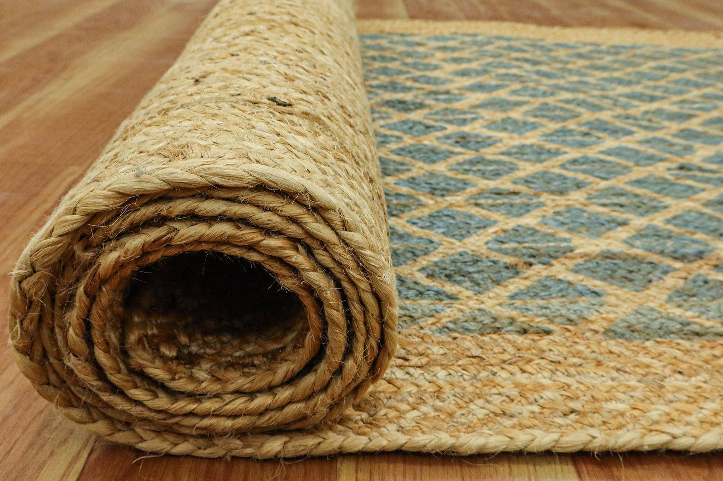 Blue Beige Hand Block Printed Geometric Outdoor Jute Rugs