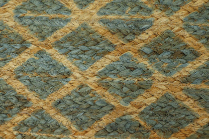 Blue Beige Hand Block Printed Geometric Outdoor Jute Rugs