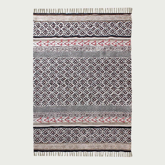 Thread Work Geometric Brown Black Bedroom Decor Cotton Rug - Indian Rug Store