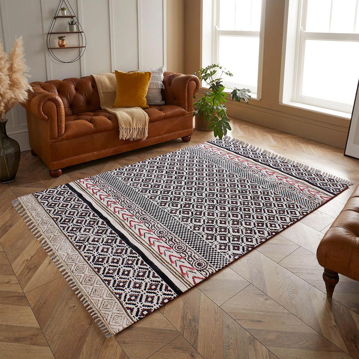 Thread Work Geometric Brown Black Bedroom Decor Cotton Rug - Indian Rug Store