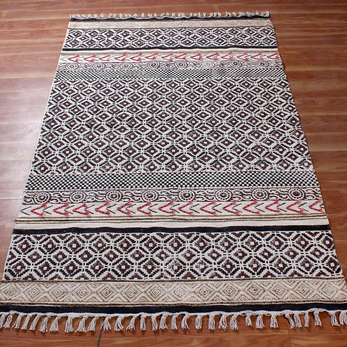 Thread Work Geometric Brown Black Bedroom Decor Cotton Rug - Indian Rug Store