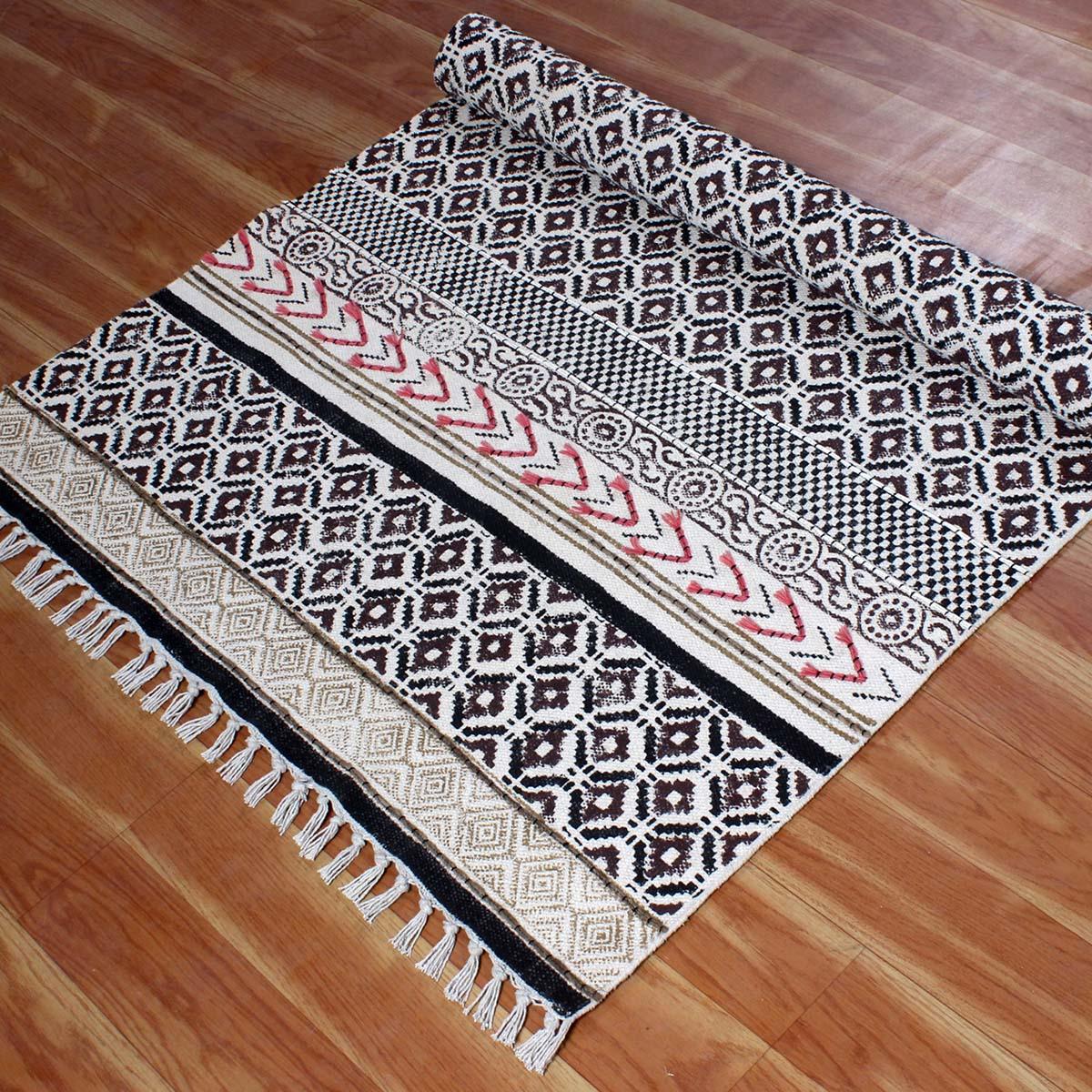 Thread Work Geometric Brown Black Bedroom Decor Cotton Rug - Indian Rug Store