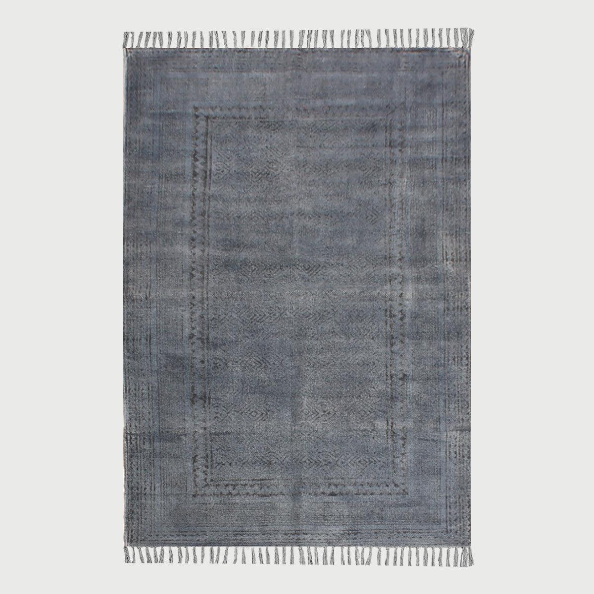 Hand Block Print Abstract Black Gray Dining Hall Cotton Rug - Indian Rug Store