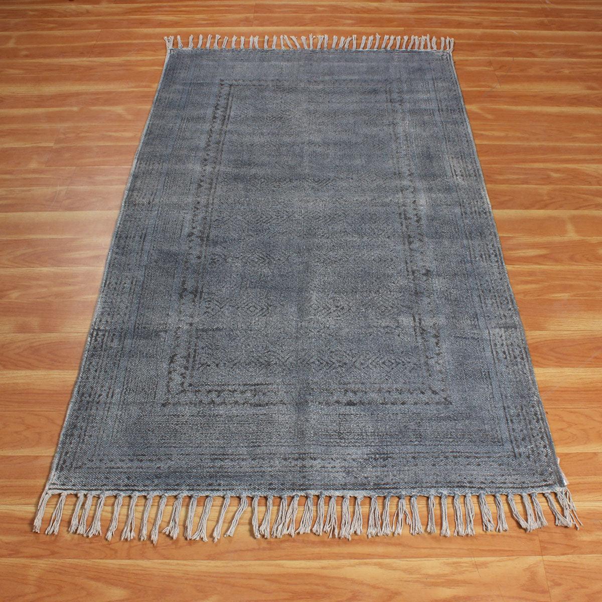 Hand Block Print Abstract Black Gray Dining Hall Cotton Rug - Indian Rug Store